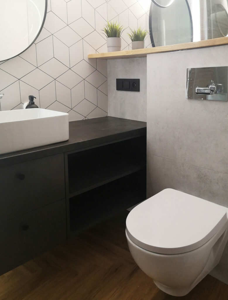 łazienka loft płytka betonowa czarna szafka umywalkowa
